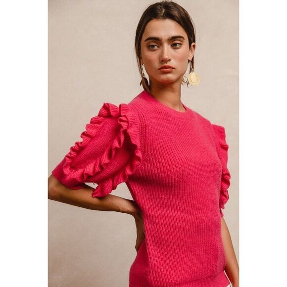 BiBi Ruffle Sleeve Ribbed Sweater In Fuscia Pink Sz Large - Picture 4 of 4